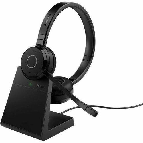 Jabra Evolve 65 TE USB-A UC Stereo is a professional wireless Bluetooth stereo headset designed for unified communications, featuring a USB-A dongle for connectivity, optimised for open office environments with passive noise isolation and a built-in microphone boom arm.