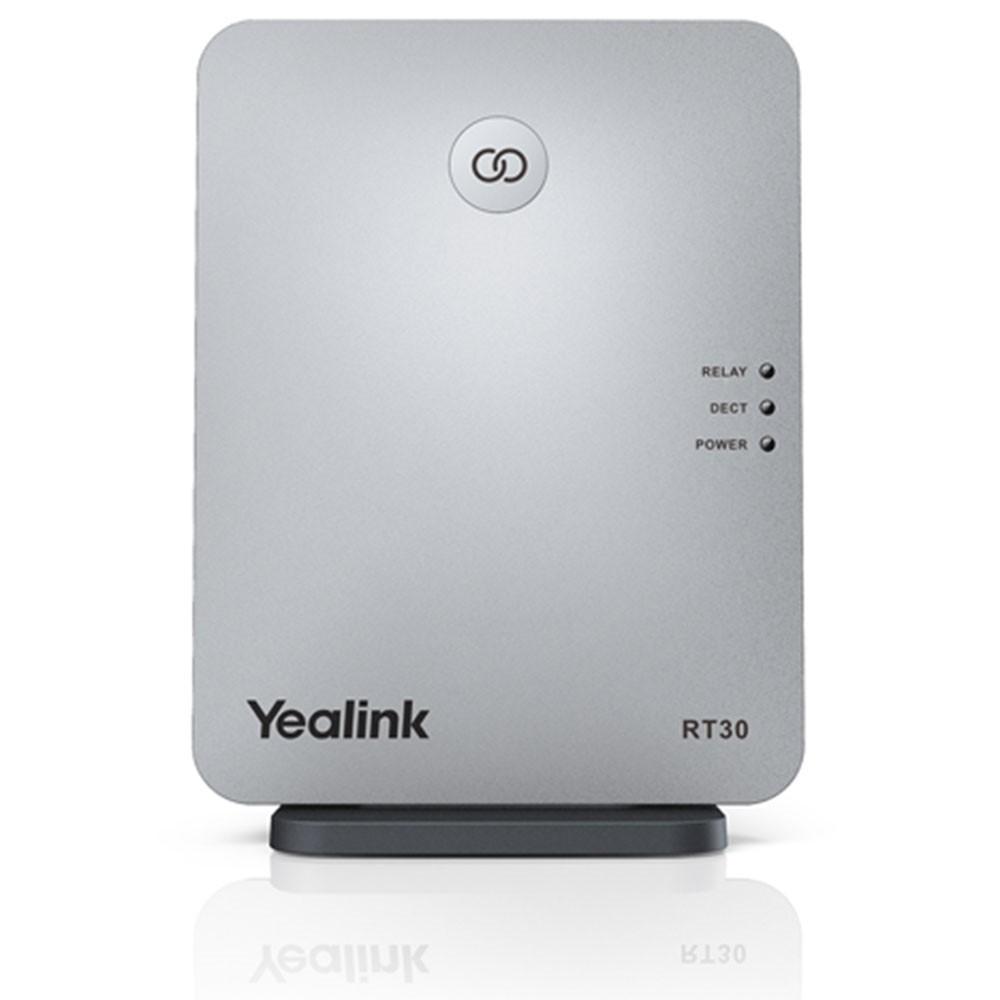 DECT repeater that extends radio coverage for Yealink W60B/W70B (and W5x/W7x) IP base stations. Supports up to 6 repeaters in star topology or 2 in cascade, auto call handover, up to 4 simultaneous calls, HD voice, indoor range to 50m and outdoor to 300m.