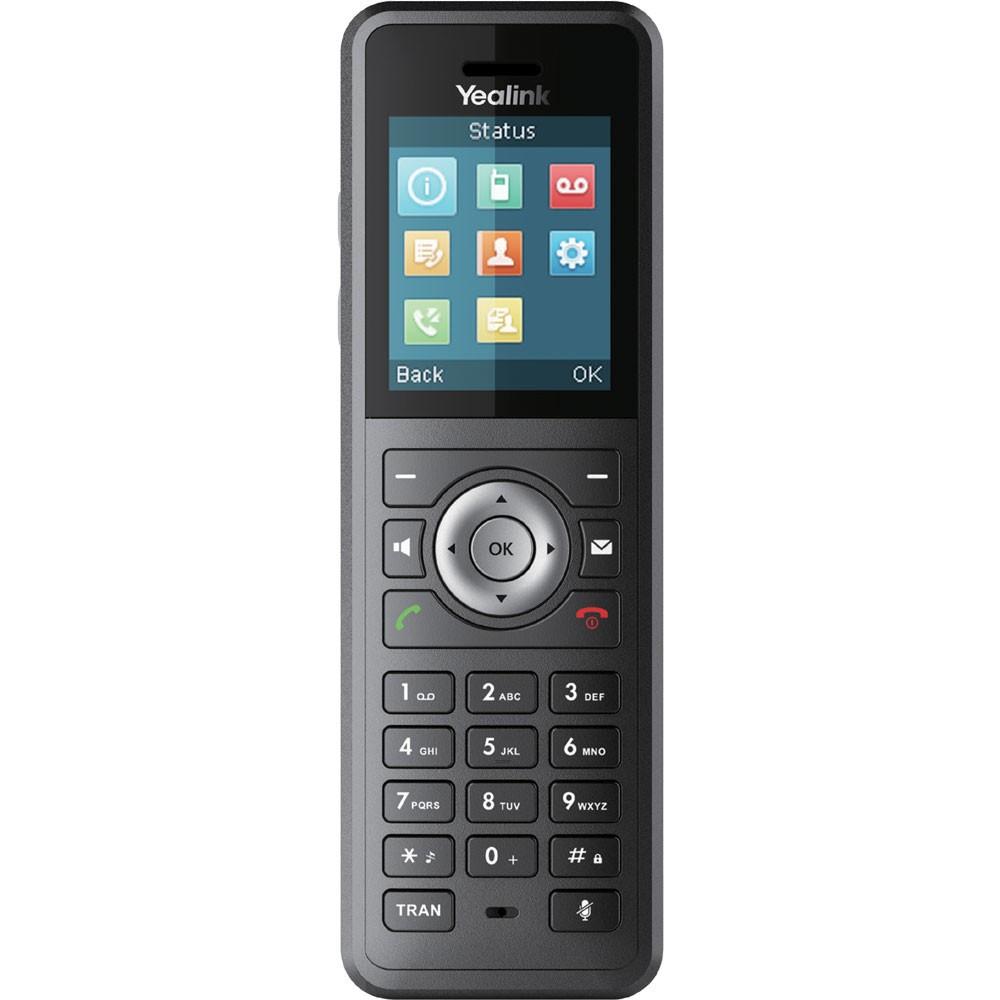 Yealink W59R is an IP67-rated ruggedized DECT handset with built-in Bluetooth, HD audio, and safety alarm functions (push-button, no-movement, man-down, running). Withstands 2.5m drops and brief water immersion. Up to 28 hours talk time; DECT range up to 300m outdoors.