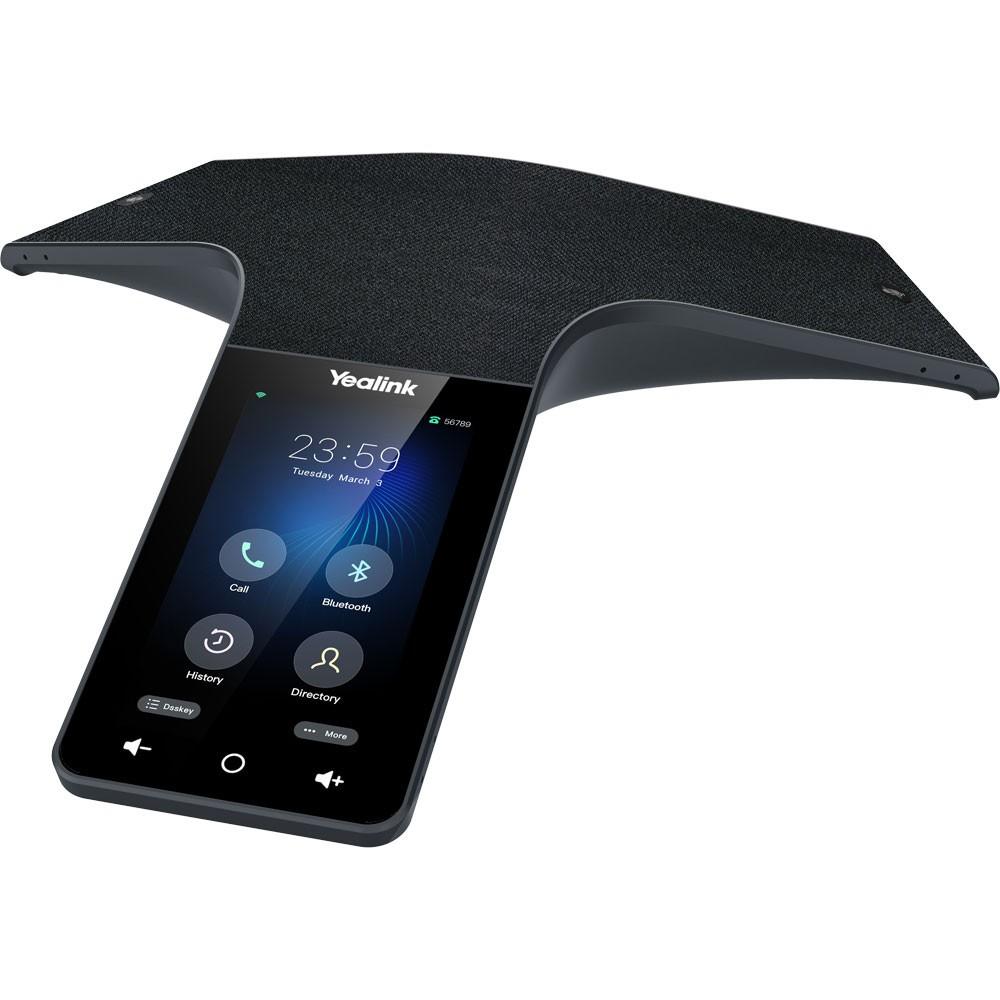 HD Bluetooth/USB conference speakerphone for medium-to-large rooms: 5" touchscreen on Android 9.0, 12-mic array with 20-ft 360° pickup, full-duplex audio with noise-proof technology, PoE powered, supports DECT wireless expansion mics (CPW65) and 10-way conferencing.