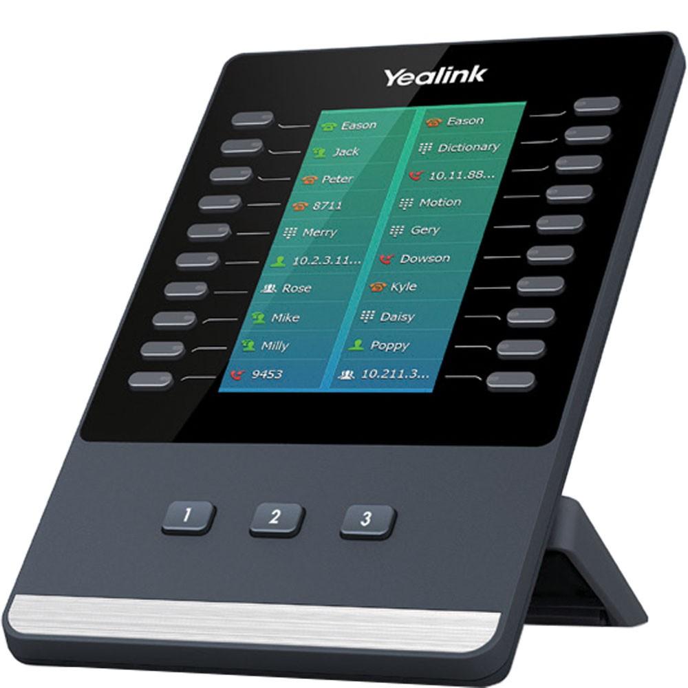 Key expansion module for Yealink T43U/T46U/T48U IP phones. 4.3" color touchscreen (272x480), 20 physical keys per page across 3 pages (up to 60 programmable BLF/speed-dial/transfer keys), USB-connected, daisy-chains up to 3 modules per phone for up to 180 keys.