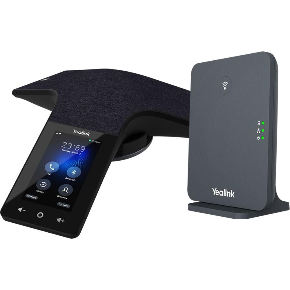 Wireless conference phone with 4" touchscreen, 6-mic array (20-ft, 360° pickup), Bluetooth 4.2 and Wi-Fi, switchable to DECT mode with the included W70B IP base station for up to 20 simultaneous calls and 10 handsets. Built-in battery gives up to 15-20h talk time.
