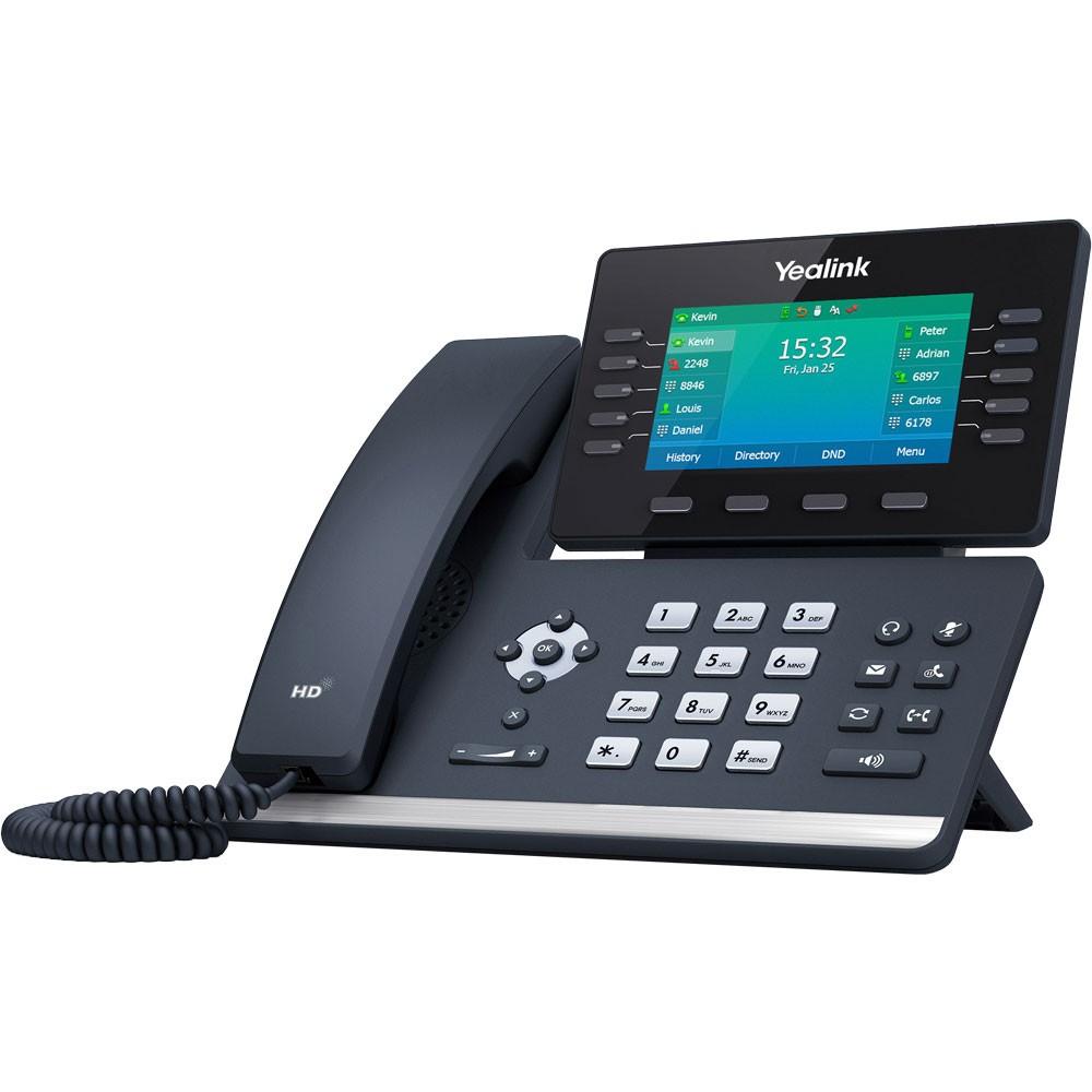 Mid-level business IP phone with 4.3" adjustable color display, up to 16 SIP accounts, built-in Bluetooth 4.2 and dual-band 2.4G/5G WiFi, dual-port Gigabit Ethernet with PoE. This bundle pairs the T54W handset with a 5V/2A power supply for AC-outlet operation without PoE.