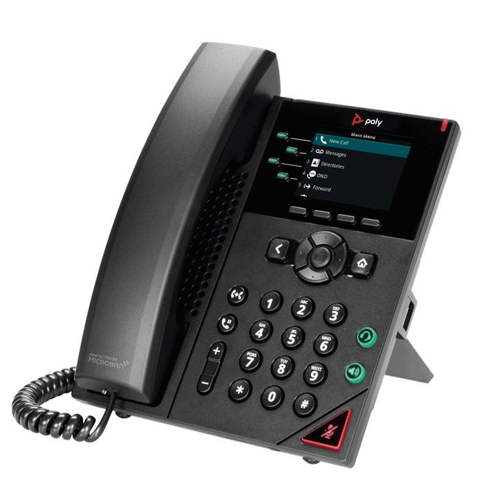 Poly VVX 250 OBi Edition 4-line business IP desk phone with a 2.8-inch color LCD, dual PoE-enabled Gigabit Ethernet ports, HD Voice audio, and included power supply for desktop or wall mounting.