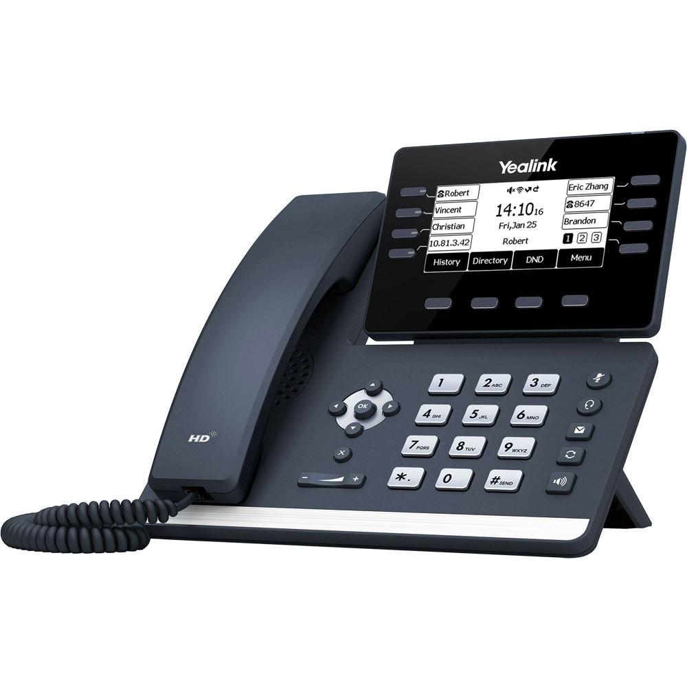 Prime business IP phone with 3.7" adjustable graphical display, up to 12 SIP accounts, built-in dual-band 2.4G/5G WiFi, Bluetooth 4.2, dual-port Gigabit Ethernet with PoE. This bundle pairs the T53W handset with a 5V/1.2A power supply for AC-outlet operation without PoE.