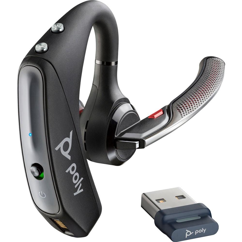Monaural Bluetooth headset with USB-A BT700 dongle. WindSmart wind-noise reduction and adaptive 4-microphone noise cancellation; up to 7 hours talk time, 164 ft wireless range. Certified for Teams, Zoom, Cisco.