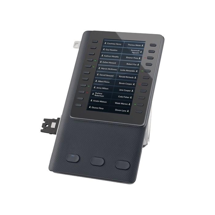 Sidecar expansion module for Poly Edge E-series IP desk phones (E400, E450, E500, E550), adding a color display with 22 programmable line keys across 3 pages (66 total). Includes USB-C port for daisy-chaining or headset use; plug-and-play, powered by the host phone.