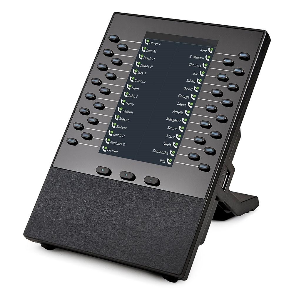 Poly VVX EM50 30-key expansion module for the VVX 450 IP phone, adding programmable dual-color LED keys via a 5-inch color display; up to two modules can be attached per phone for 60 extra keys.
