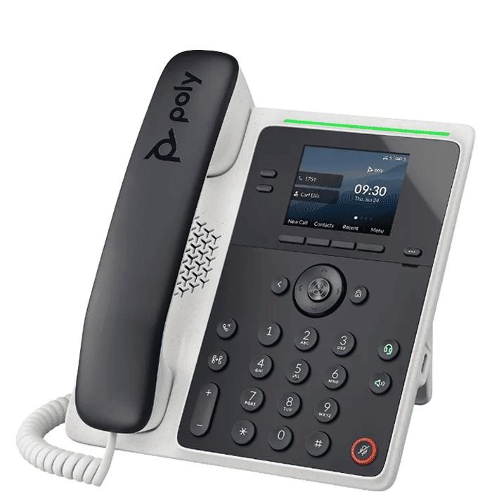Entry-level Poly Edge E100 corded IP desk phone with 2 line keys, 2.8" color display, and PoE support. Includes power supply; desktop or wall mountable. Poly HD Voice with NoiseBlockAI and Acoustic Fence for shared spaces like lobbies and break rooms.