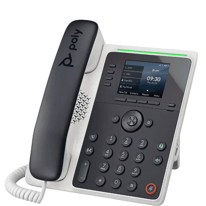 Poly Edge E220 corded IP desk phone with 4 line keys supporting up to 16 SIP lines, 2.8" color IPS display, and Bluetooth 5.0 for mobile/headset pairing. Two gigabit PoE Ethernet ports. Poly HD Voice with NoiseBlockAI and Acoustic Fence; desktop or wall mountable.