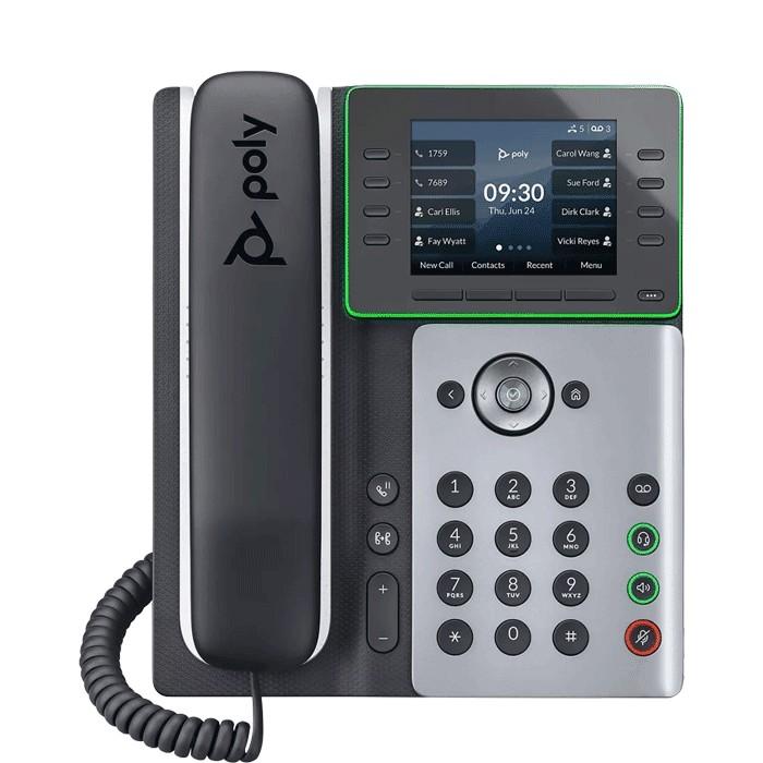 Poly Edge E350 corded/cordless IP desk phone with Wi-Fi and Bluetooth 5.0, 8 line keys for up to 32 lines, and dual gigabit PoE ports. Poly NoiseBlockAI and Acoustic Fence noise reduction; ships with PSU, handset cord, CAT-5E cable, and desk stand.