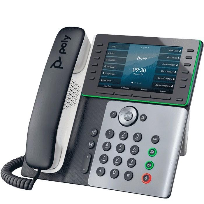 PoE-enabled corded VoIP desk phone with 5-inch color display, Wi-Fi, Bluetooth and NFC connectivity, 12 line keys supporting up to 48 lines, contacts and features. Includes Poly NoiseBlockAI and Acoustic Fence technology; Zoom and Metaswitch certified.