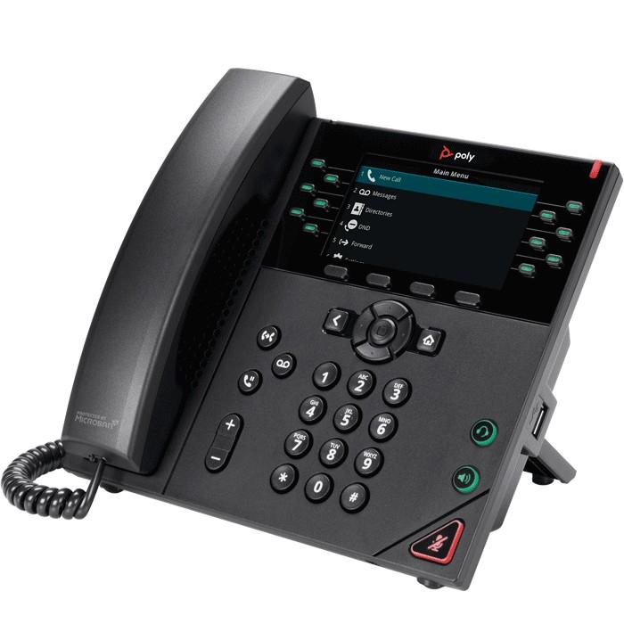 Poly VVX 450 OBi Edition 12-line business IP desk phone with a 4.3-inch color display, dual Gigabit Ethernet ports, PoE support, Polycom HD Voice, and included power supply.