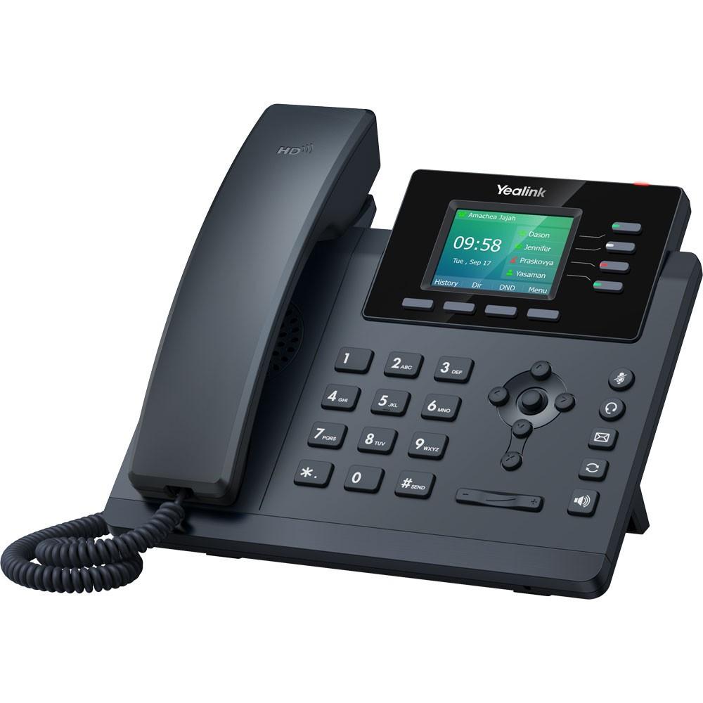 Entry-level WiFi IP phone with 2.4" 320x240 color display, up to 4 SIP accounts, built-in dual-band 2.4G/5G WiFi, USB 2.0 for wired or Bluetooth headsets, dual-port Gigabit Ethernet with PoE (802.3af). This bundle pairs the T34W handset with a 5V/1.2A power supply for AC-outlet operation without PoE.
