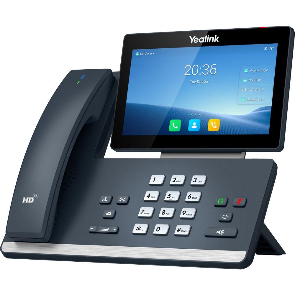 Android-based smart desk phone with 7" adjustable capacitive touchscreen, up to 16 SIP accounts, dual Gigabit Ethernet with PoE, built-in Bluetooth/WiFi, dual USB ports. This bundle pairs the T58W Pro handset with a 5V/2A power supply for AC-outlet operation.