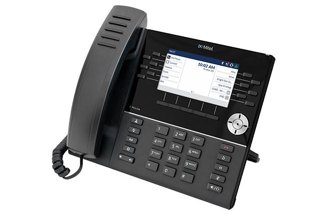 Open SIP desk phone with dual-band Wi-Fi and Bluetooth 5.2, a 4.3-inch (480x272) color display, 12 programmable keys, and a full-duplex speakerphone with Hi-Q HD audio. Supports Mitel PCLink and MobileLink integration and works with third-party platforms including RingCentral, 8x8, and Zoom.