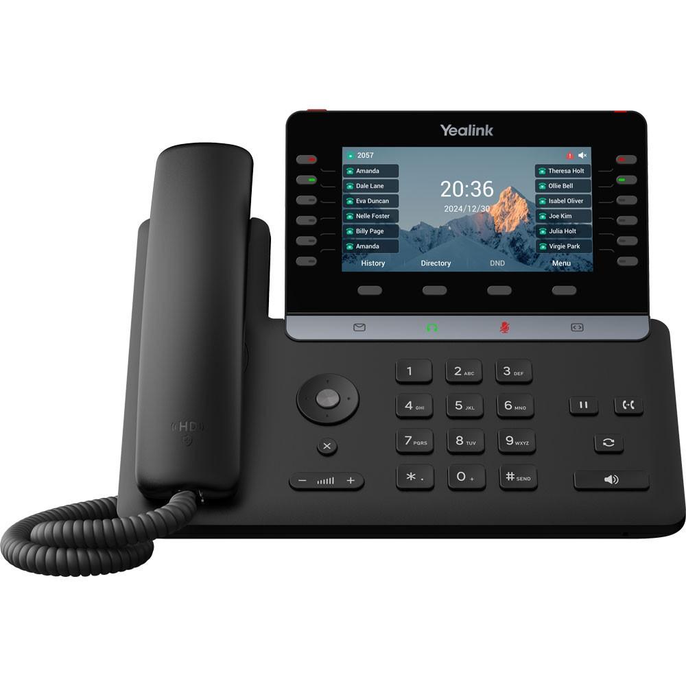 Premium business IP phone with 5.5" tiltable touchscreen, up to 16 SIP accounts, up to 60 DSS keys, built-in WiFi 6 and Bluetooth 5.0, AI noise cancellation. This bundle pairs the T85W handset with a 5V/2A power supply for AC-outlet operation.