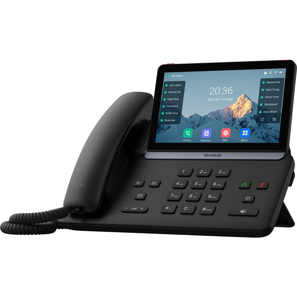 Premium business IP phone with 7" multi-point color touchscreen, up to 16 SIP accounts, built-in Bluetooth 5.0, dual-band WiFi 6, AI noise cancellation, dual-port Gigabit Ethernet with PoE. This bundle pairs the T87W handset with a 5V/2A power supply for AC-outlet operation without PoE.