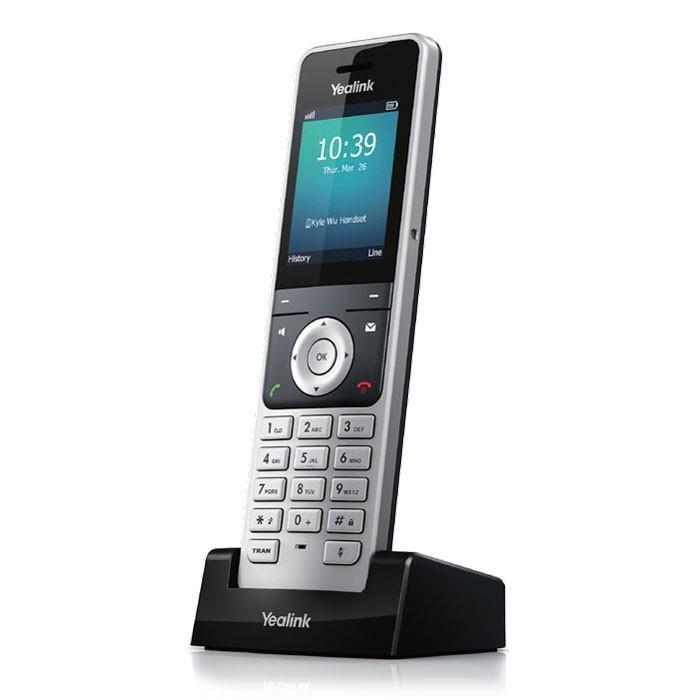 Yealink W56H is a wireless DECT handset companion for the W70B base station, with a 2.4-inch 240x320 color display, Opus HD audio, noise reduction, and a 3.5mm headset jack. Up to 30 hours talk time and 400 hours standby; supports 2 simultaneous calls.