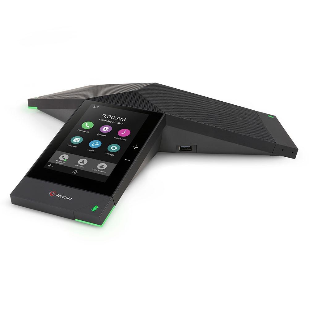SIP-based IP conference phone with 5-inch color touchscreen, three cardioid microphones for 360-degree pickup up to 14ft, HD Voice, single-port Ethernet, and Bluetooth. Built for medium-to-large conference rooms.